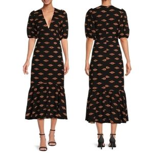 New! Rhode Ester Ikat Midi Embroidered Boho Puff Sleeve A-Line Midi Dress